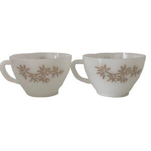 2 MCM VTG Coffee Tea Cup Golden Glory White Milk Federal Glass Gold Bamboo Leave